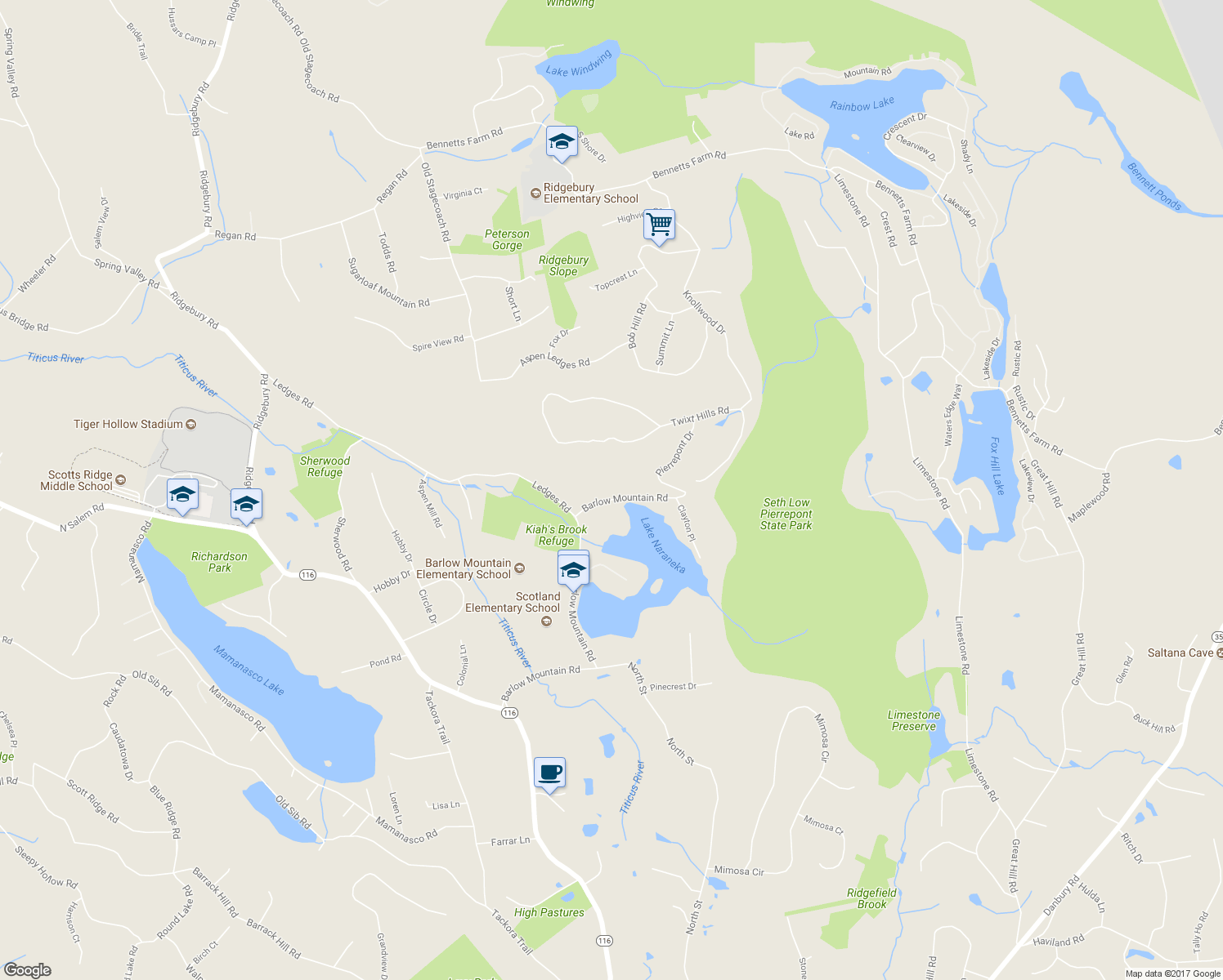 map of restaurants, bars, coffee shops, grocery stores, and more near 187 Barlow Mountain Road in Ridgefield