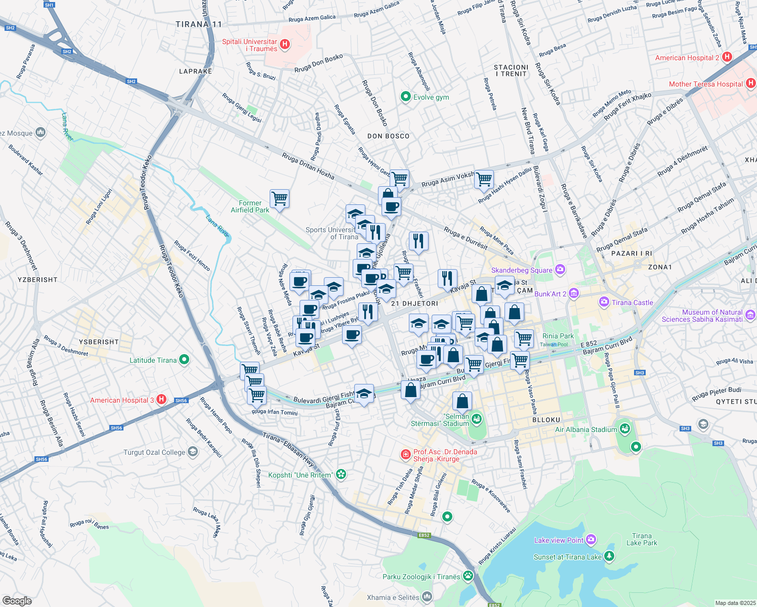 map of restaurants, bars, coffee shops, grocery stores, and more near Rruga Muhamet Gjollesha in Tirana