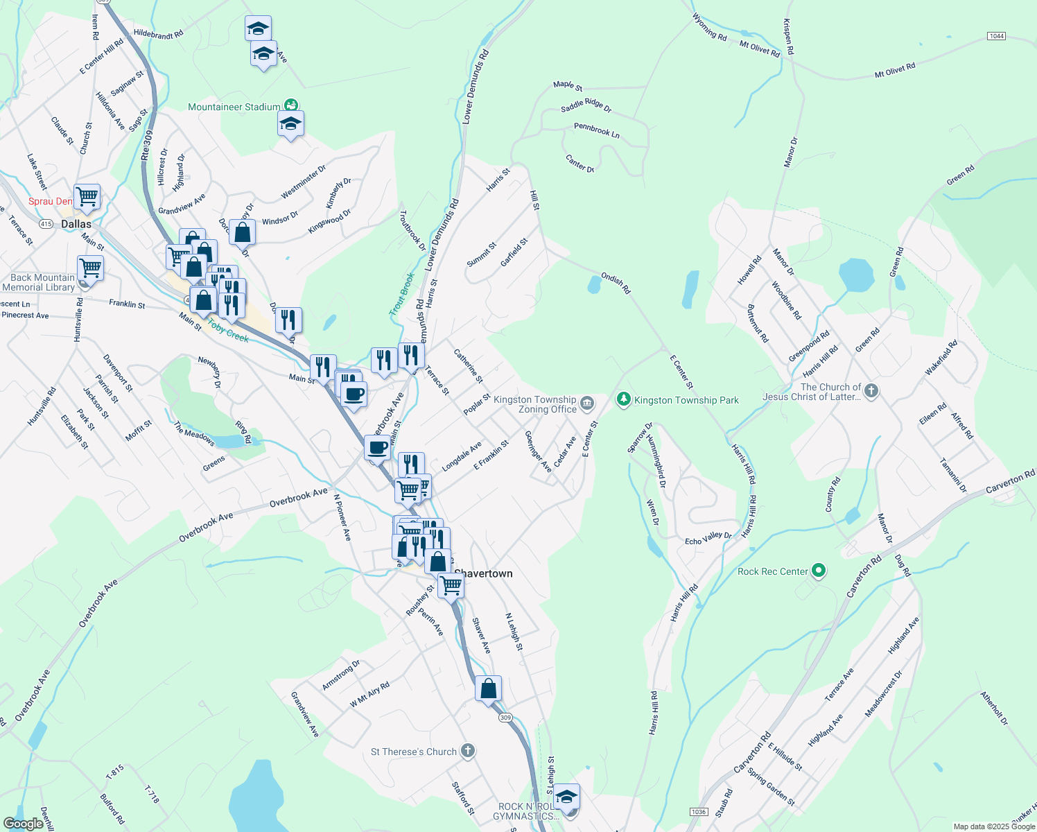 map of restaurants, bars, coffee shops, grocery stores, and more near 201 Goeringer Avenue in Shavertown