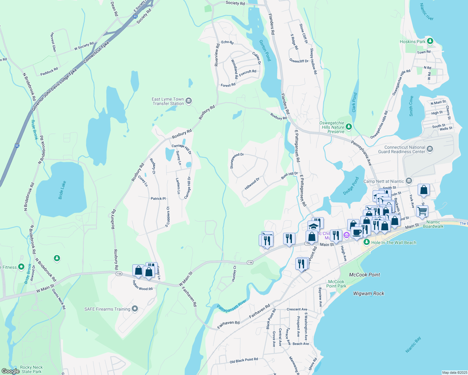 map of restaurants, bars, coffee shops, grocery stores, and more near 7 Bramble Bush Drive in East Lyme