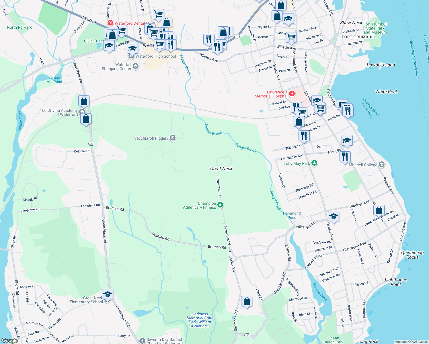 map of restaurants, bars, coffee shops, grocery stores, and more near 50 Pepperbox Rd in Waterford