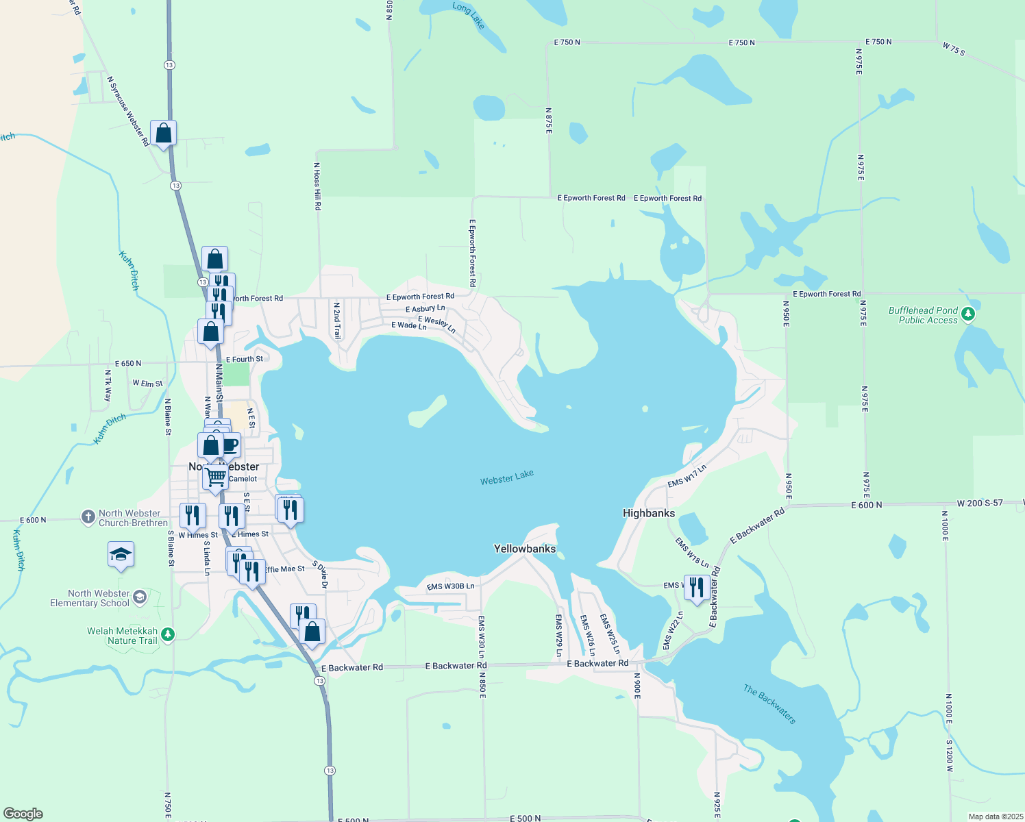 map of restaurants, bars, coffee shops, grocery stores, and more near 8781 East Wesley Lane in North Webster