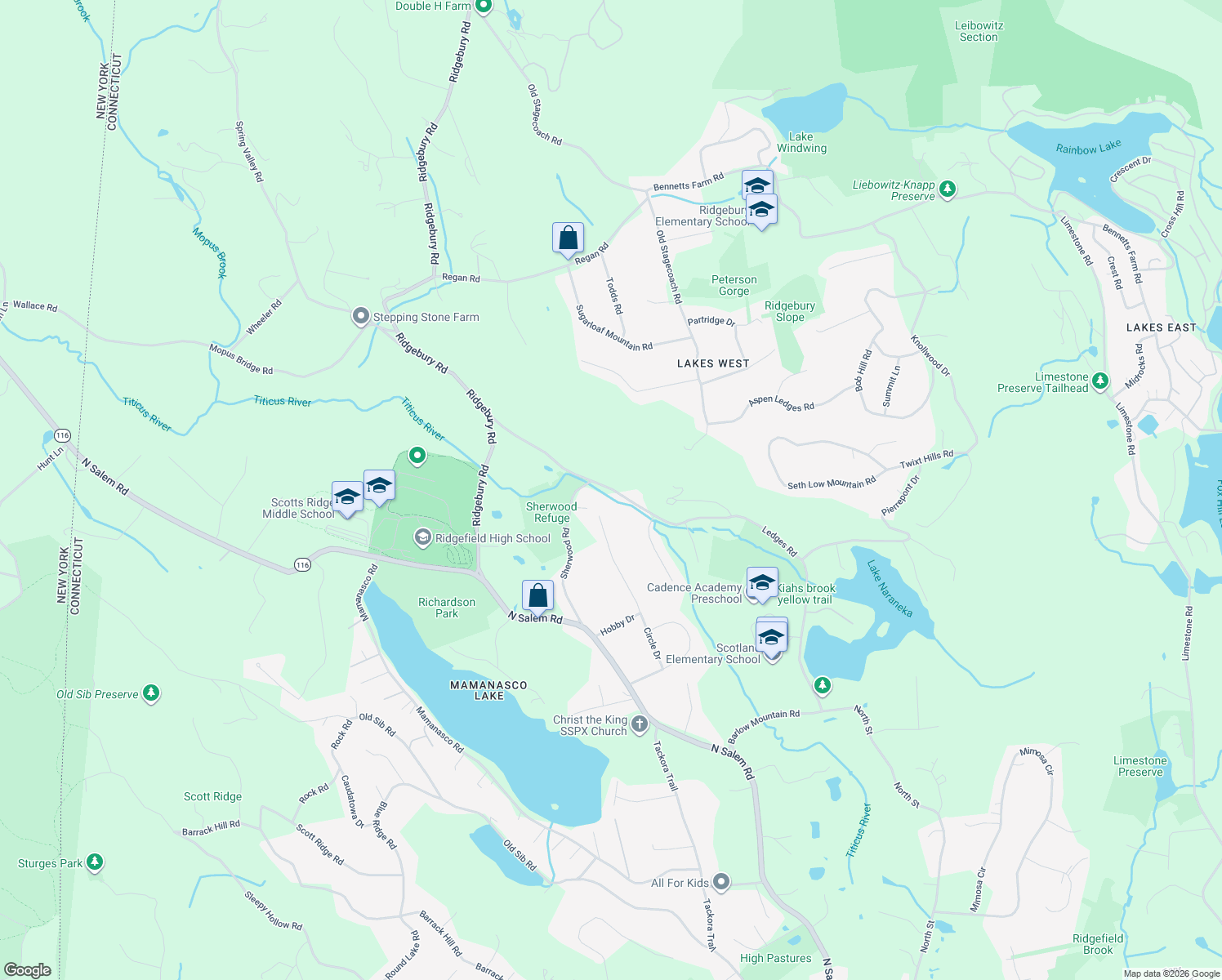 map of restaurants, bars, coffee shops, grocery stores, and more near 88 Ledges Road in Ridgefield
