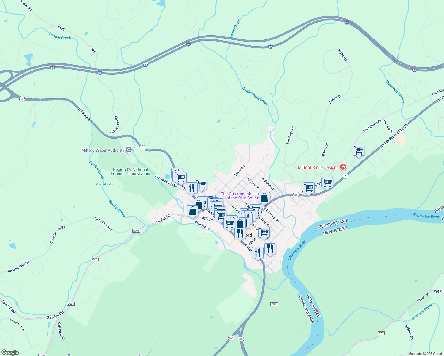 map of restaurants, bars, coffee shops, grocery stores, and more near 403 W High St in Milford
