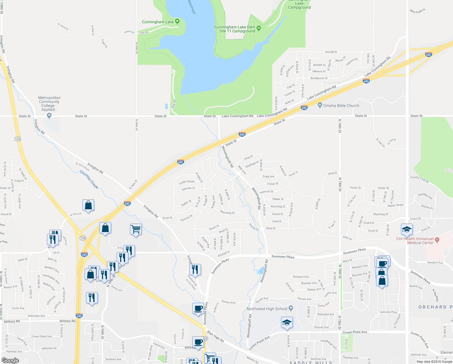 map of restaurants, bars, coffee shops, grocery stores, and more near 7735 North 88th Street in Omaha
