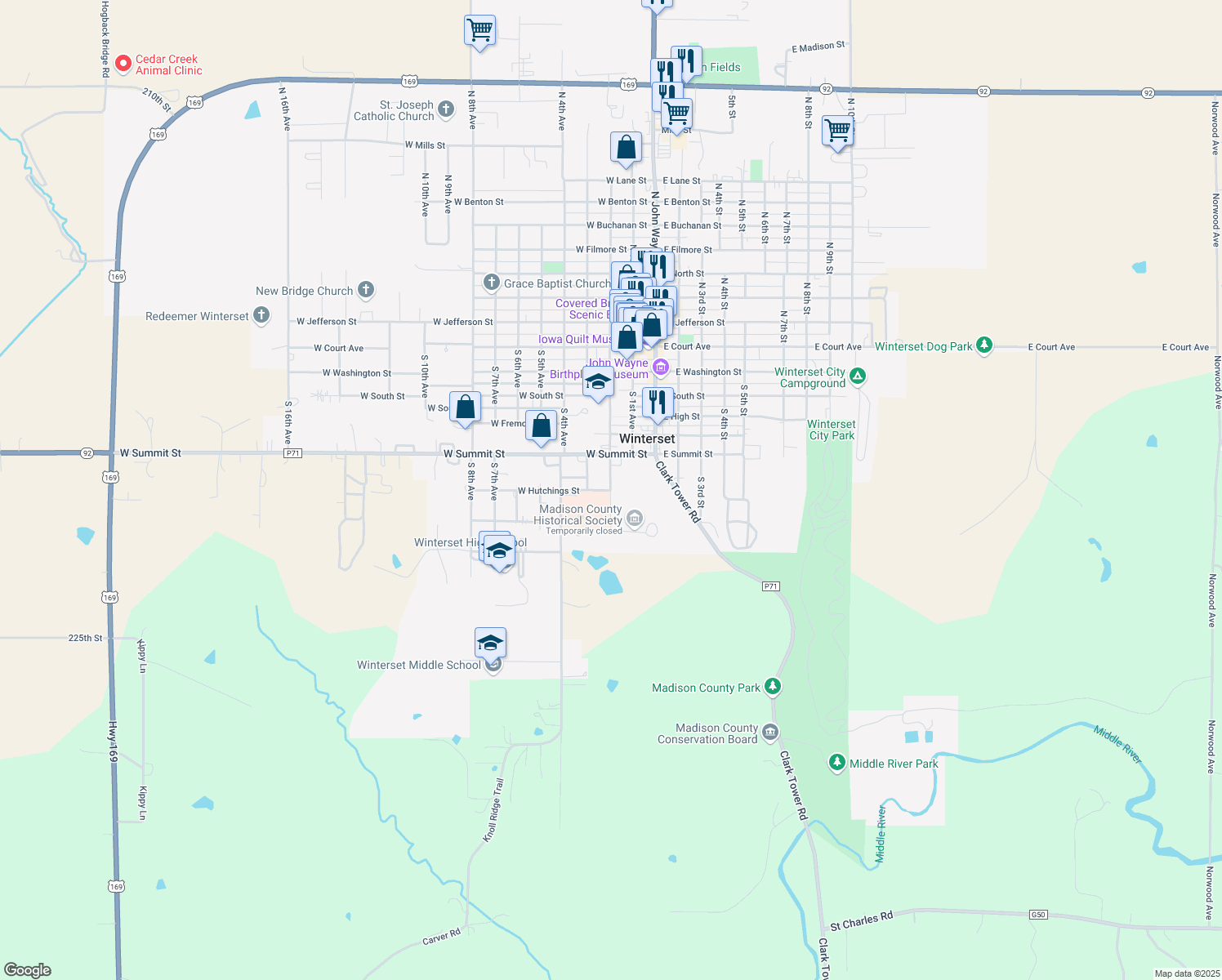 map of restaurants, bars, coffee shops, grocery stores, and more near 805 South 2nd Avenue in Winterset