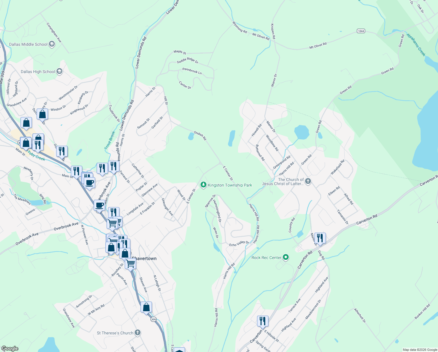 map of restaurants, bars, coffee shops, grocery stores, and more near 235 East Center Street in Shavertown