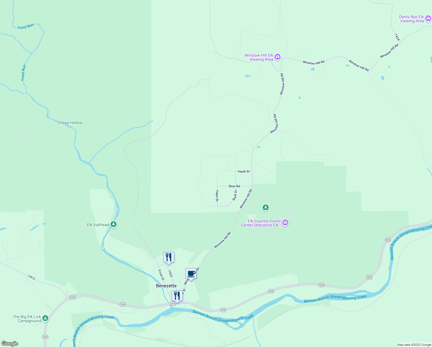 map of restaurants, bars, coffee shops, grocery stores, and more near 487 Haps Drive in Benezette