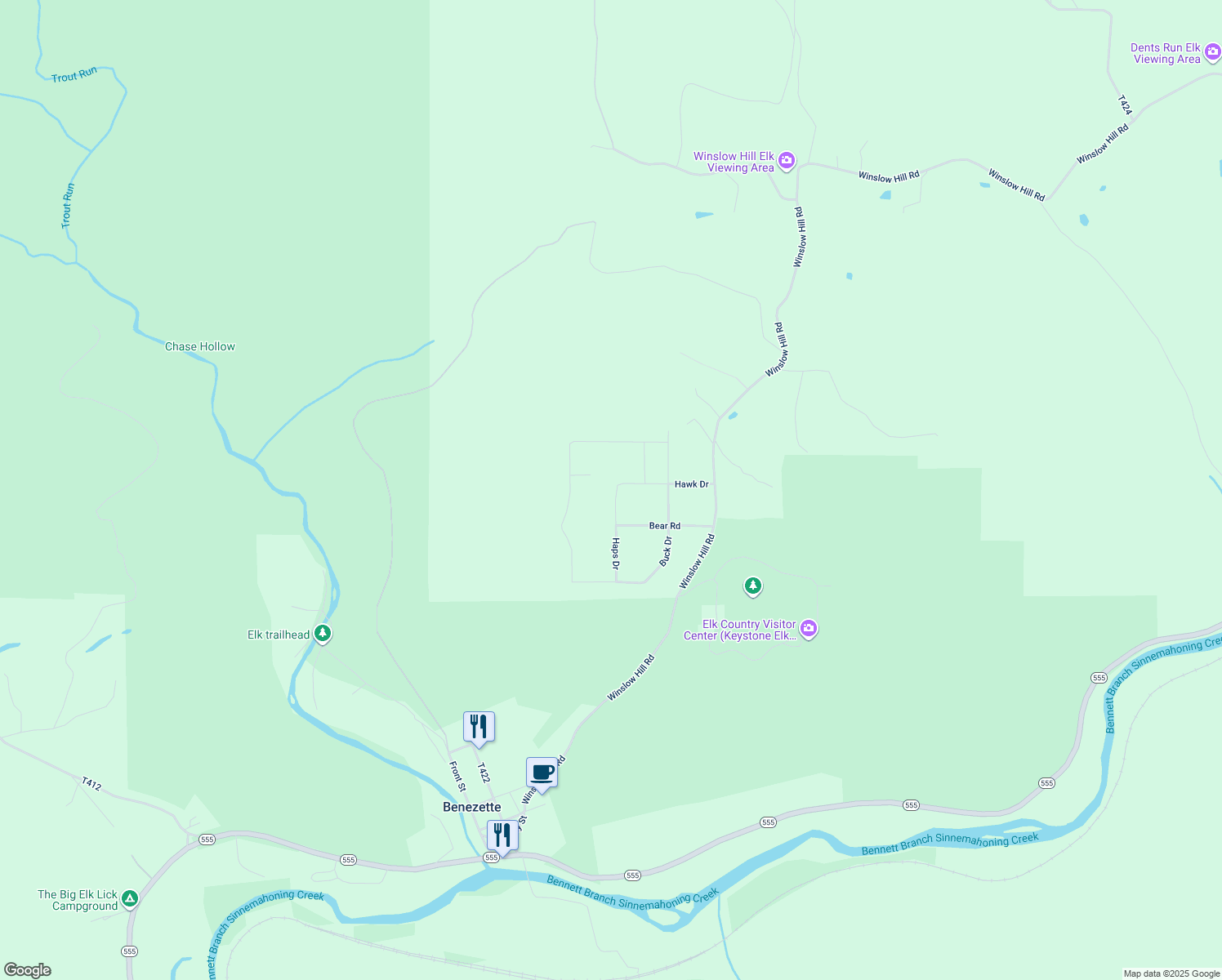 map of restaurants, bars, coffee shops, grocery stores, and more near 487 Haps Drive in Benezette