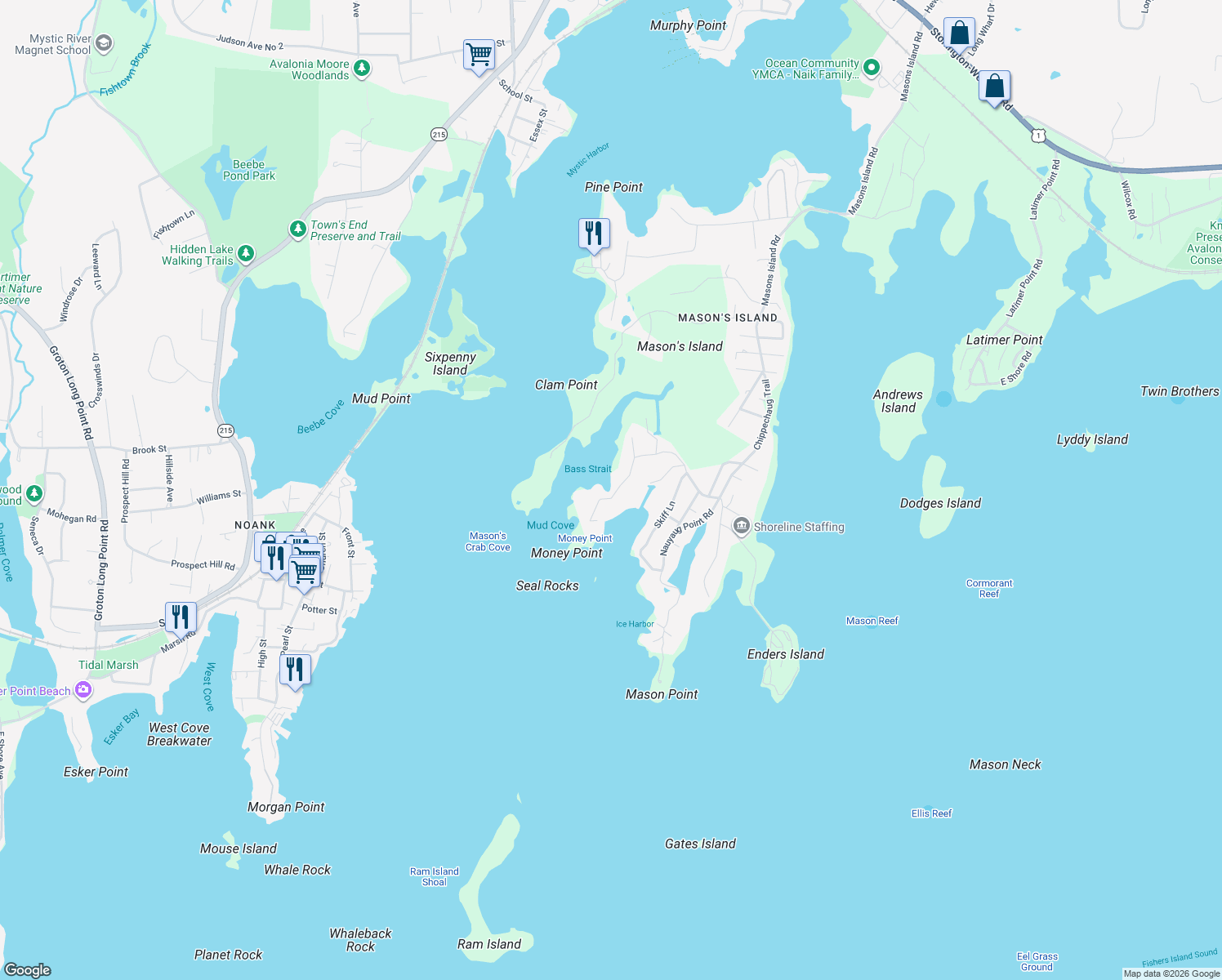 map of restaurants, bars, coffee shops, grocery stores, and more near 28 Money Point Rd in Stonington