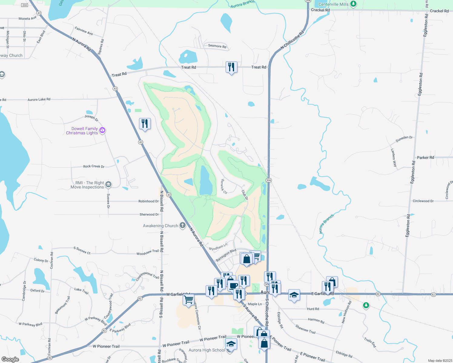 map of restaurants, bars, coffee shops, grocery stores, and more near 460 Berwick Circle in Aurora