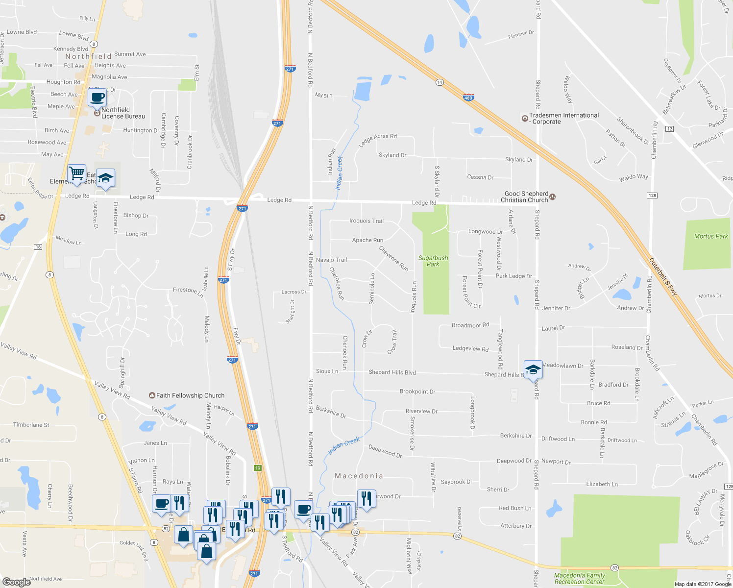 map of restaurants, bars, coffee shops, grocery stores, and more near 9082 Seminole Lane in Macedonia