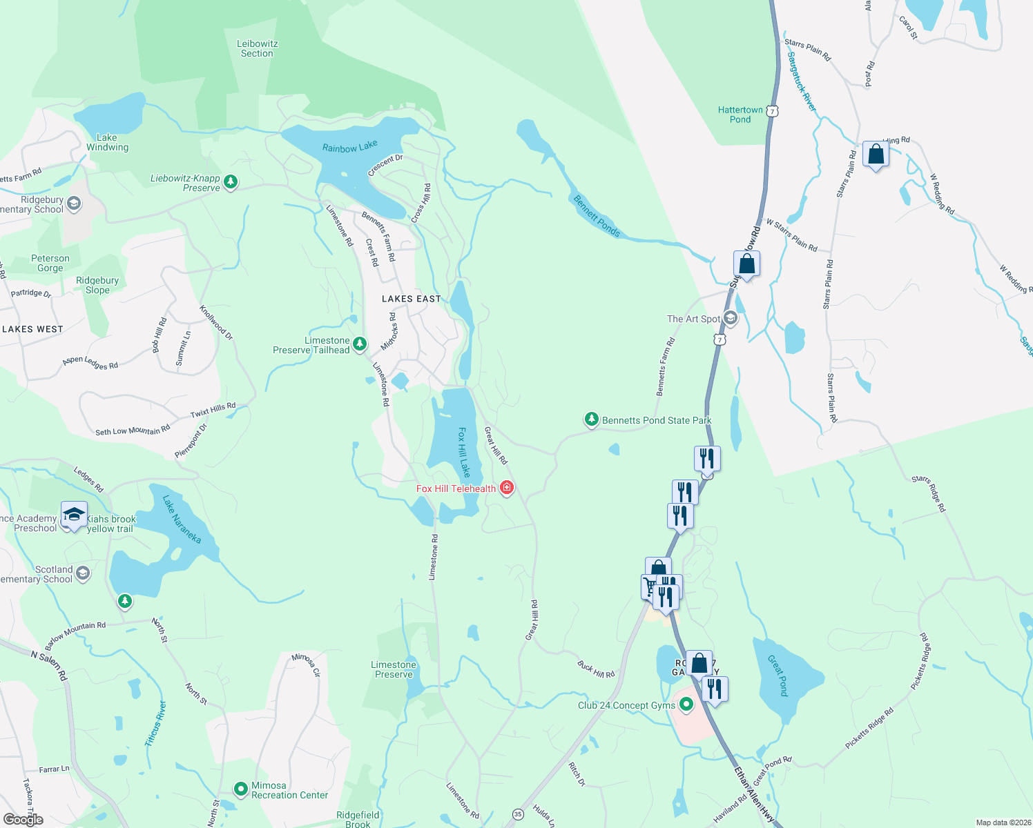 map of restaurants, bars, coffee shops, grocery stores, and more near 34 Madeline Drive in Ridgefield