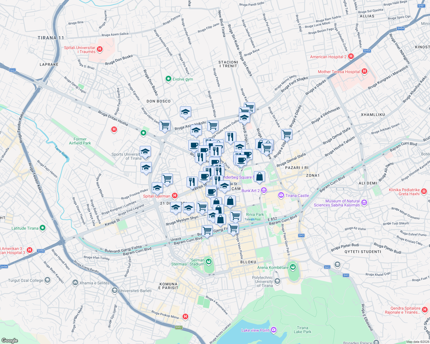 map of restaurants, bars, coffee shops, grocery stores, and more near Rruga Kont Urani in Tirana