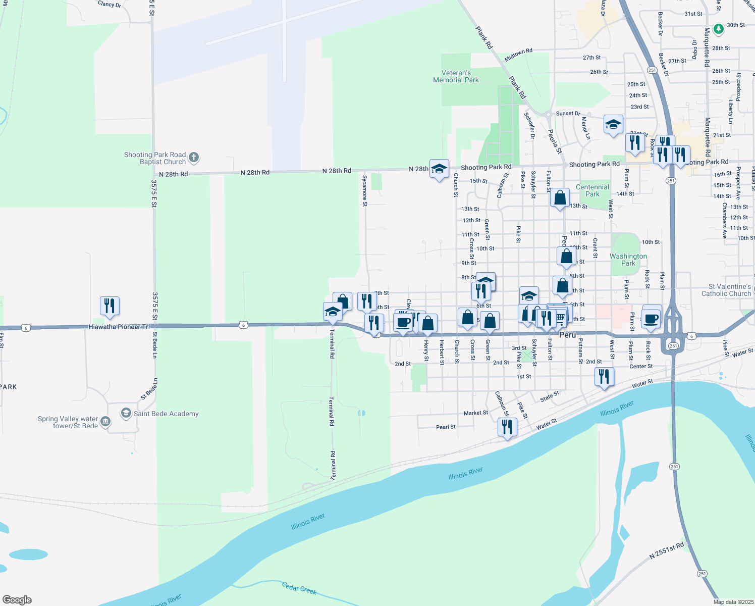 map of restaurants, bars, coffee shops, grocery stores, and more near 2925 6th Street in Peru