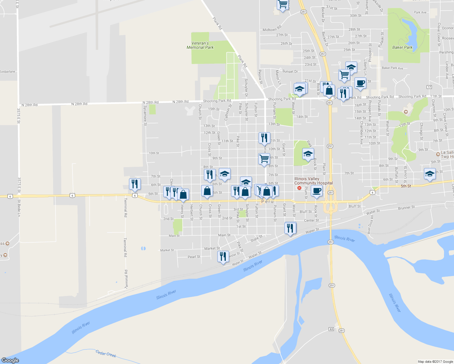 map of restaurants, bars, coffee shops, grocery stores, and more near 1002 Calhoun Street in Peru