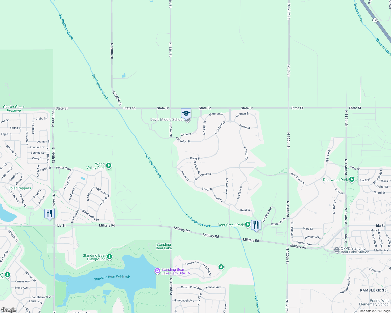map of restaurants, bars, coffee shops, grocery stores, and more near 12922 Craig Street in Omaha