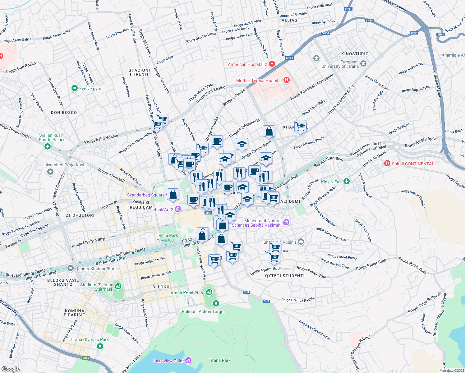 map of restaurants, bars, coffee shops, grocery stores, and more near Rruga Ali Ndroqi in Tirana