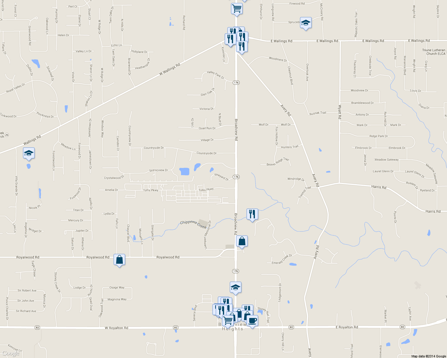 map of restaurants, bars, coffee shops, grocery stores, and more near 151 Vineyard Drive in Broadview Heights