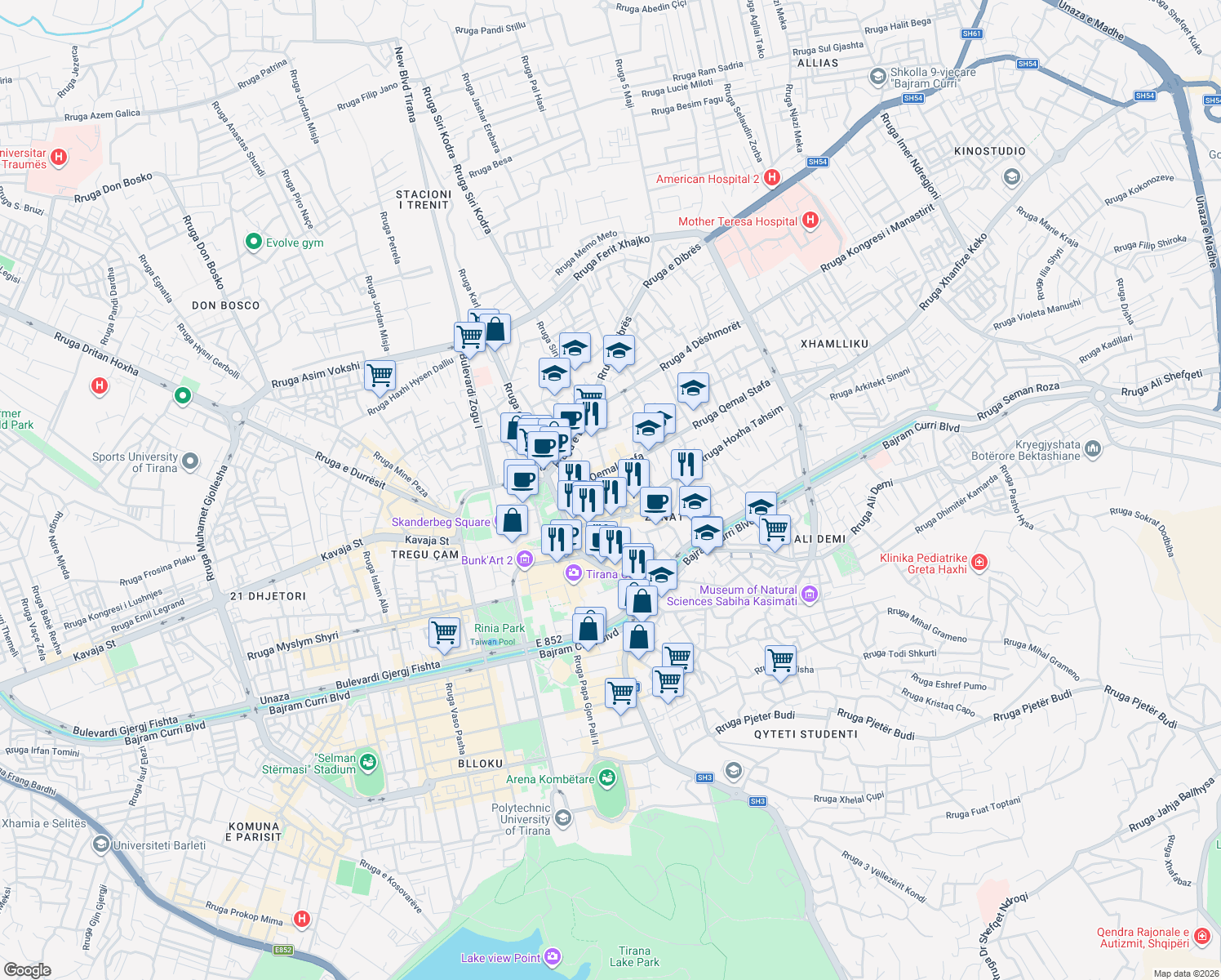 map of restaurants, bars, coffee shops, grocery stores, and more near Rruga Shenasi Dishnica in Tiranë