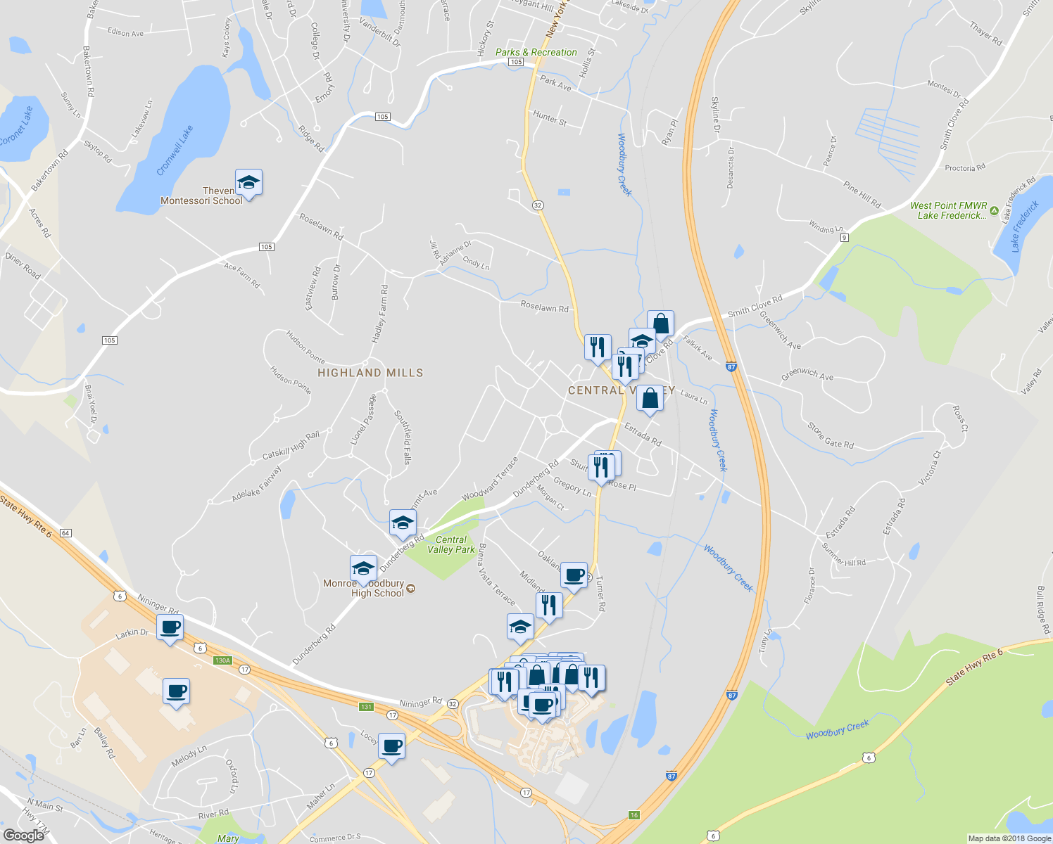map of restaurants, bars, coffee shops, grocery stores, and more near 4 Woodward Terrace in Central Valley