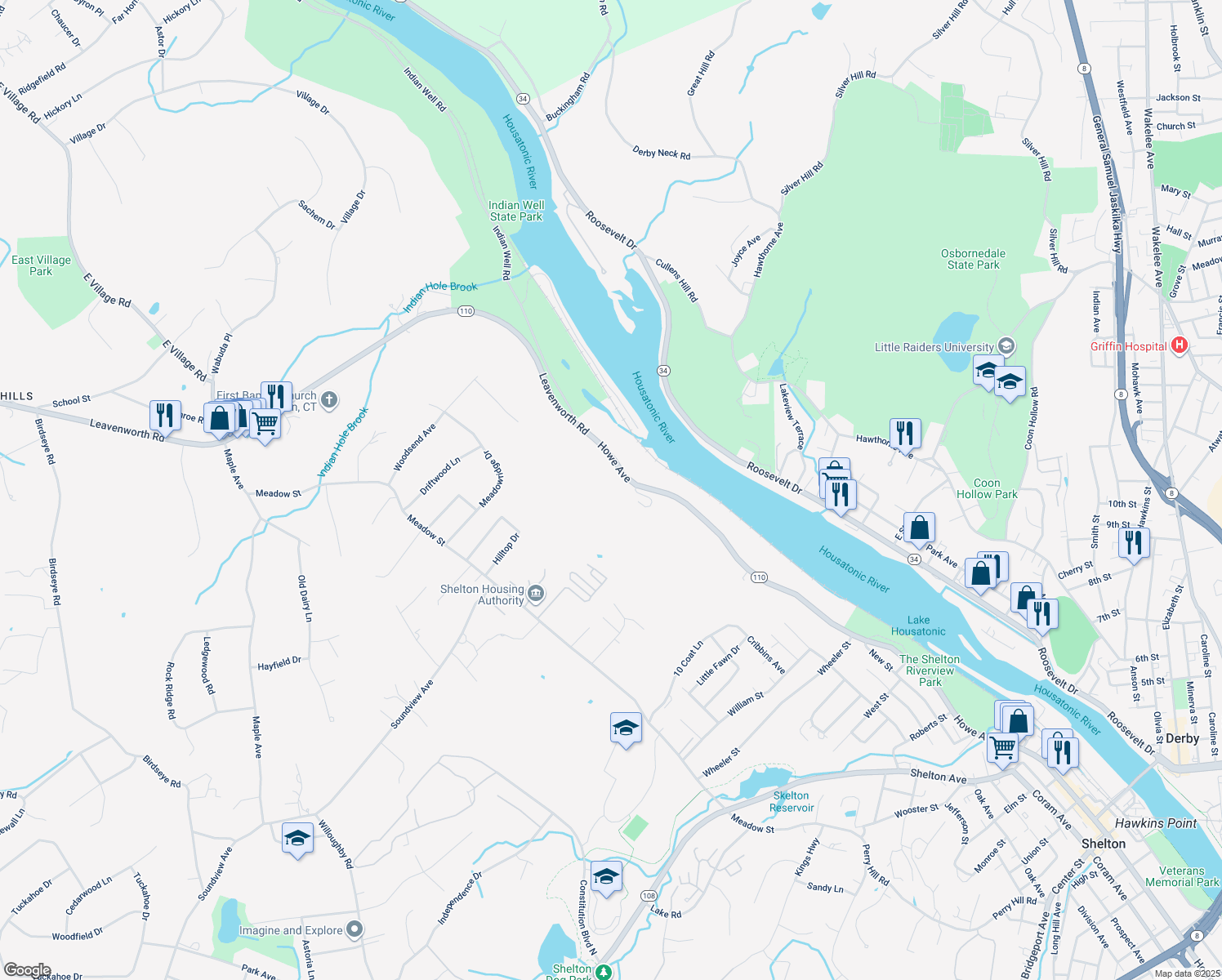map of restaurants, bars, coffee shops, grocery stores, and more near 15 Housatonic Rise in Shelton