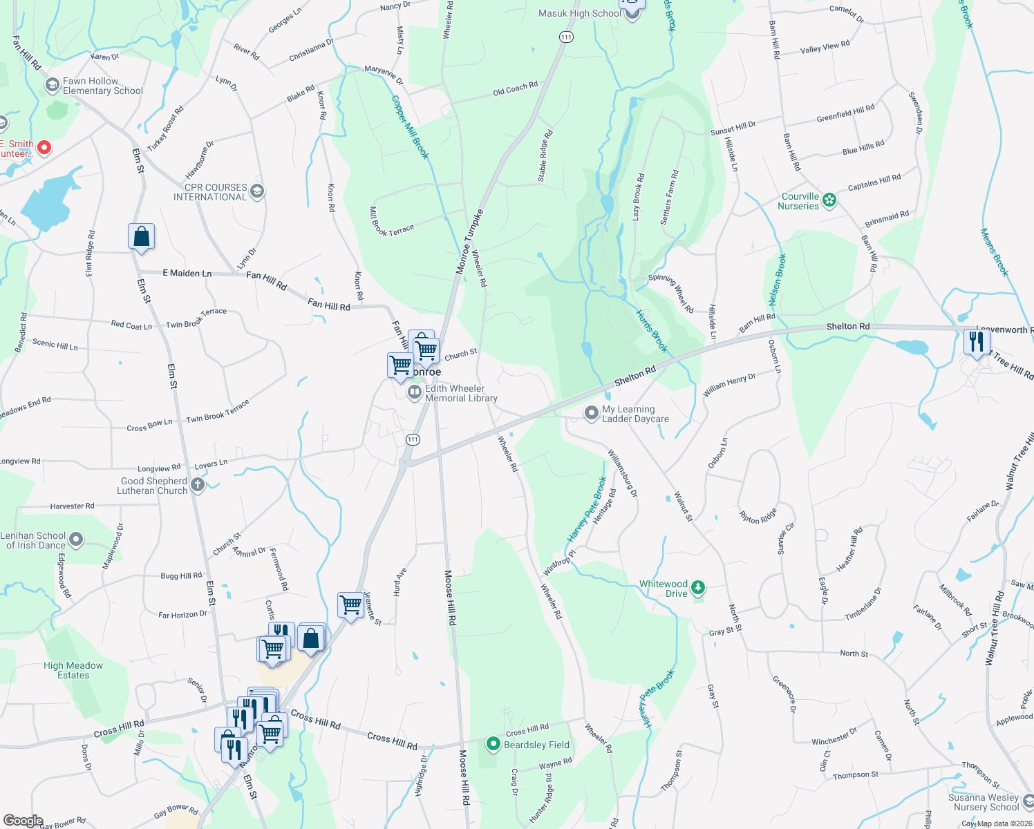map of restaurants, bars, coffee shops, grocery stores, and more near 116 Old Tannery Rd in Monroe