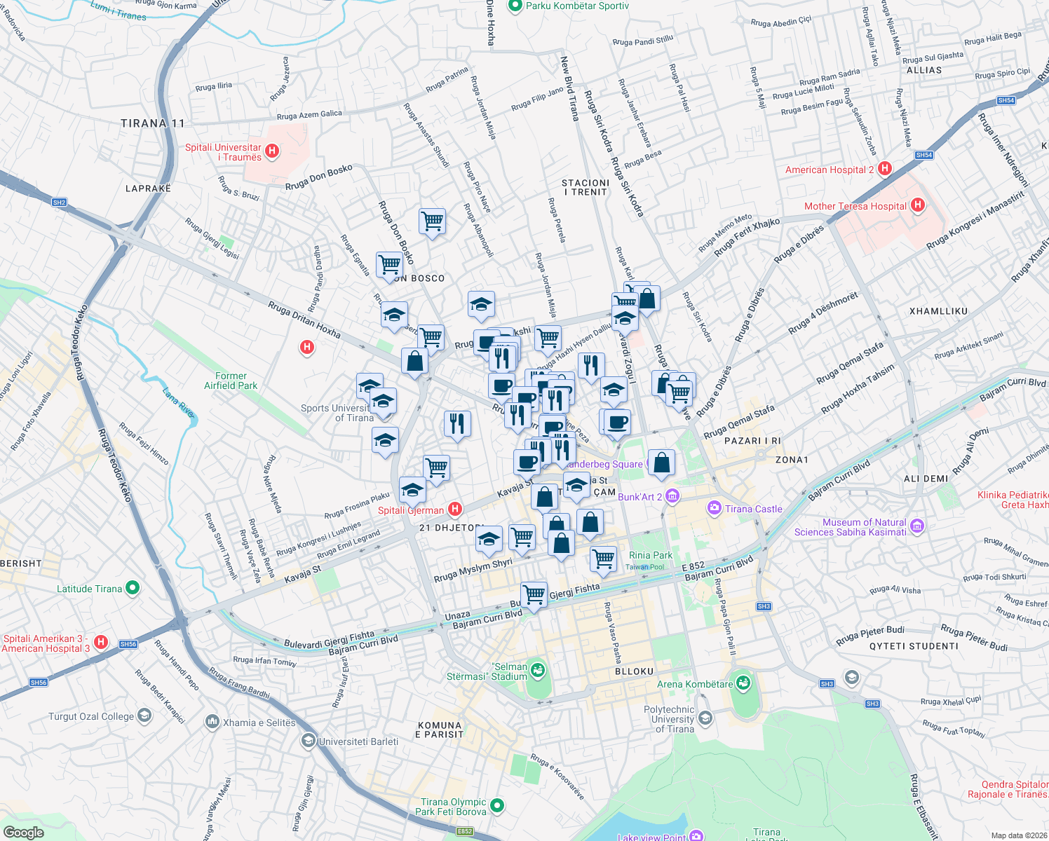 map of restaurants, bars, coffee shops, grocery stores, and more near Rruga e Durrësit in Tirana