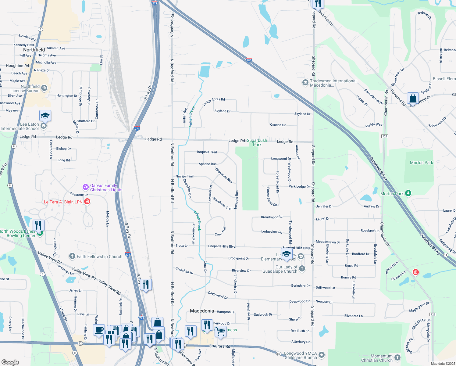 map of restaurants, bars, coffee shops, grocery stores, and more near 9116 Cheyenne Run in Macedonia