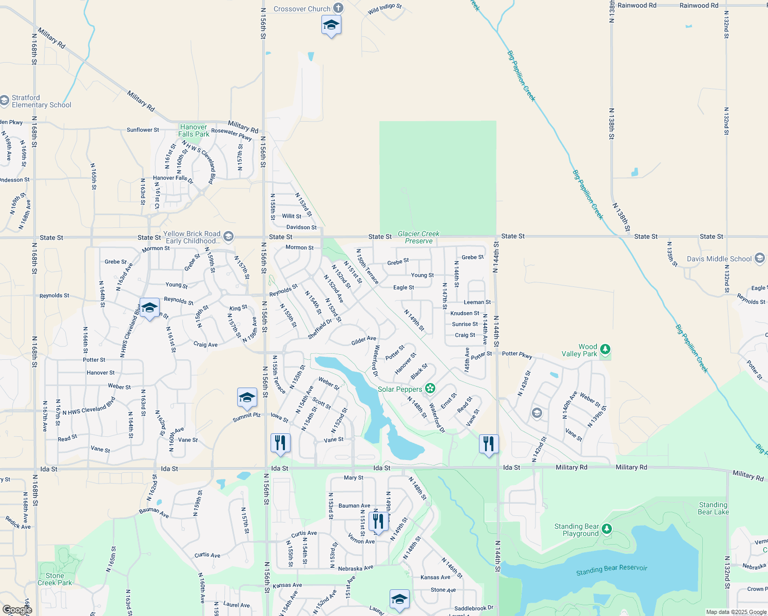 map of restaurants, bars, coffee shops, grocery stores, and more near 7719 N 151st Cir in Bennington
