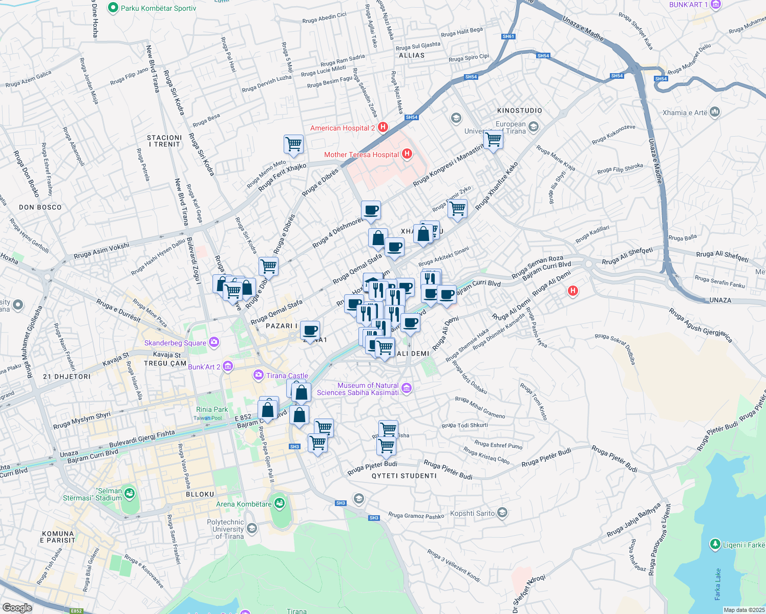 map of restaurants, bars, coffee shops, grocery stores, and more near Rruga Vllazën Huta in Tirana