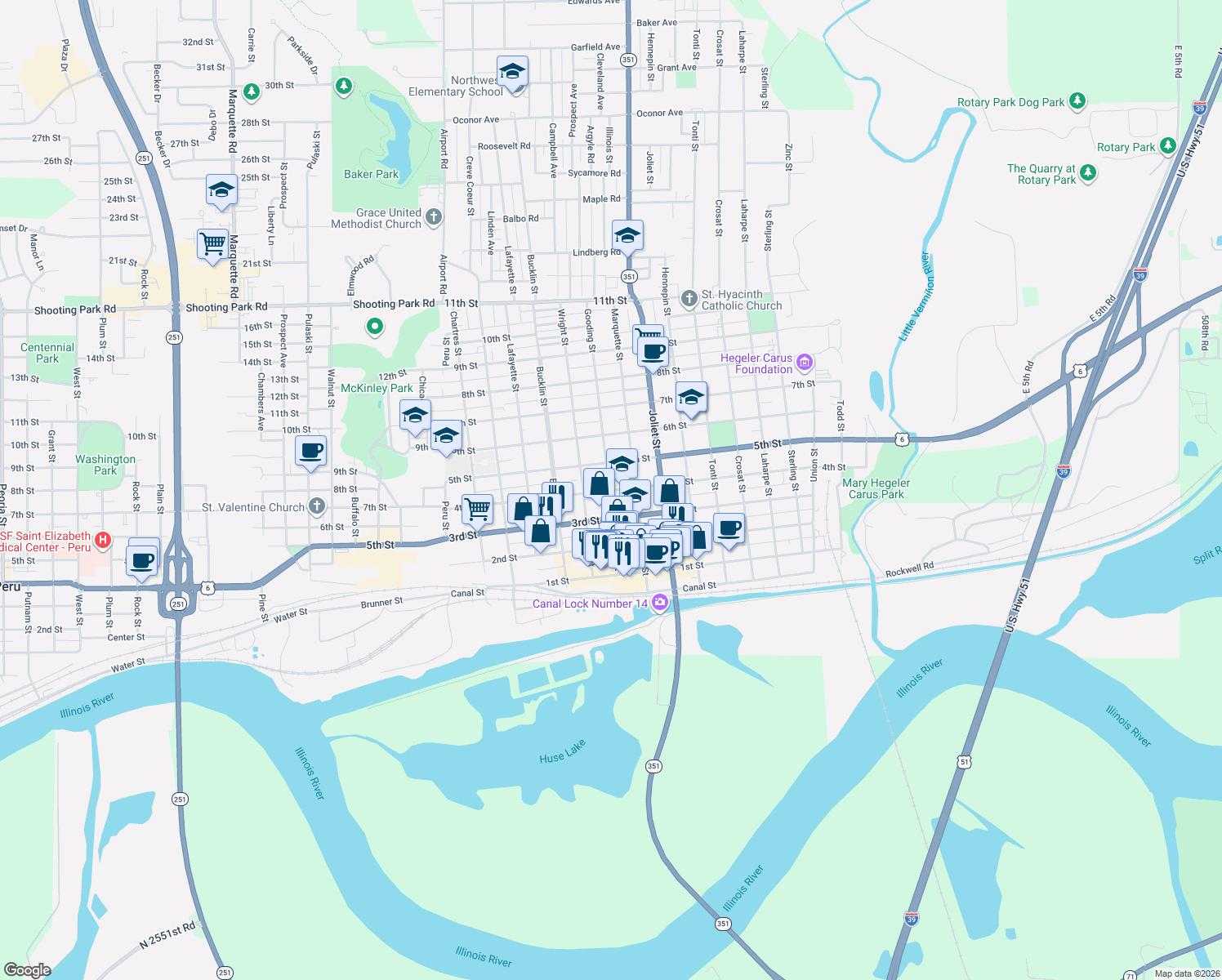 map of restaurants, bars, coffee shops, grocery stores, and more near 605 4th St in LaSalle