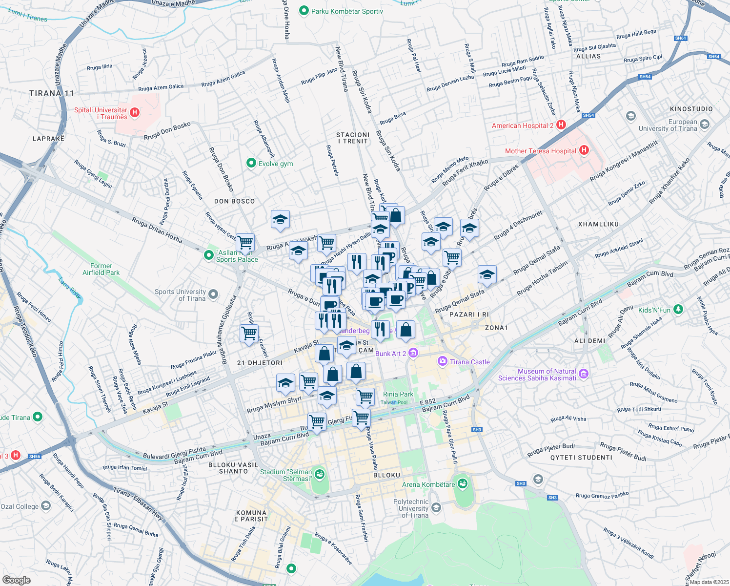 map of restaurants, bars, coffee shops, grocery stores, and more near Rruga Maliq Muço in Tirana