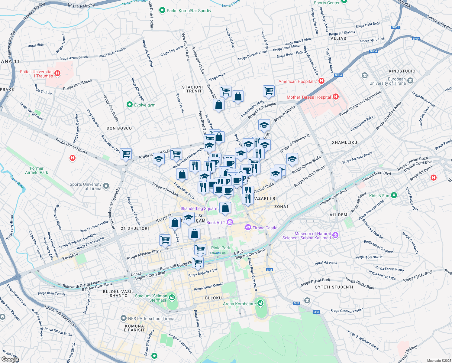 map of restaurants, bars, coffee shops, grocery stores, and more near Rruga Bardhok Biba in Tirana