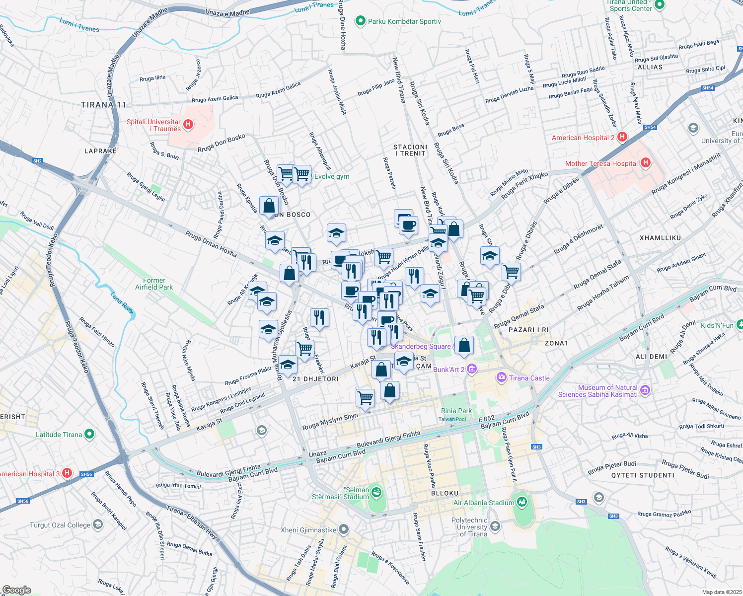 map of restaurants, bars, coffee shops, grocery stores, and more near Rruga Mine Peza in Tirana