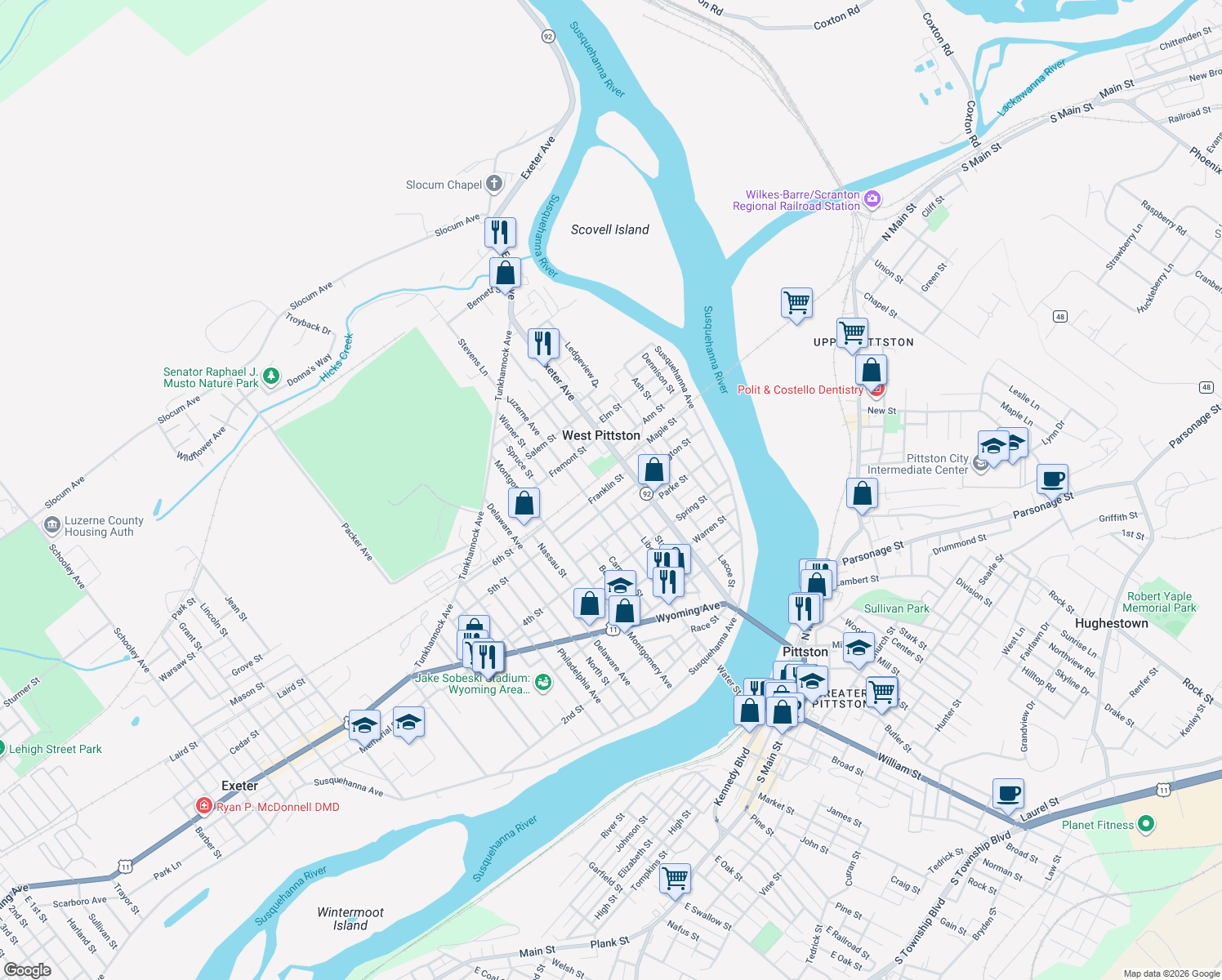 map of restaurants, bars, coffee shops, grocery stores, and more near 213 Franklin St in West Pittston