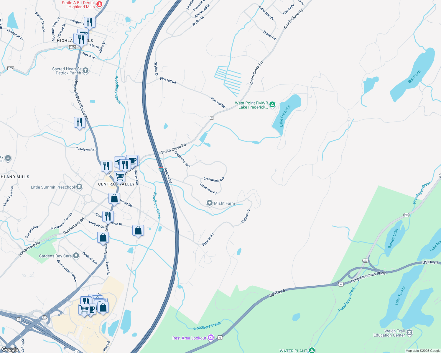 map of restaurants, bars, coffee shops, grocery stores, and more near 44 Greenwich Avenue in Woodbury