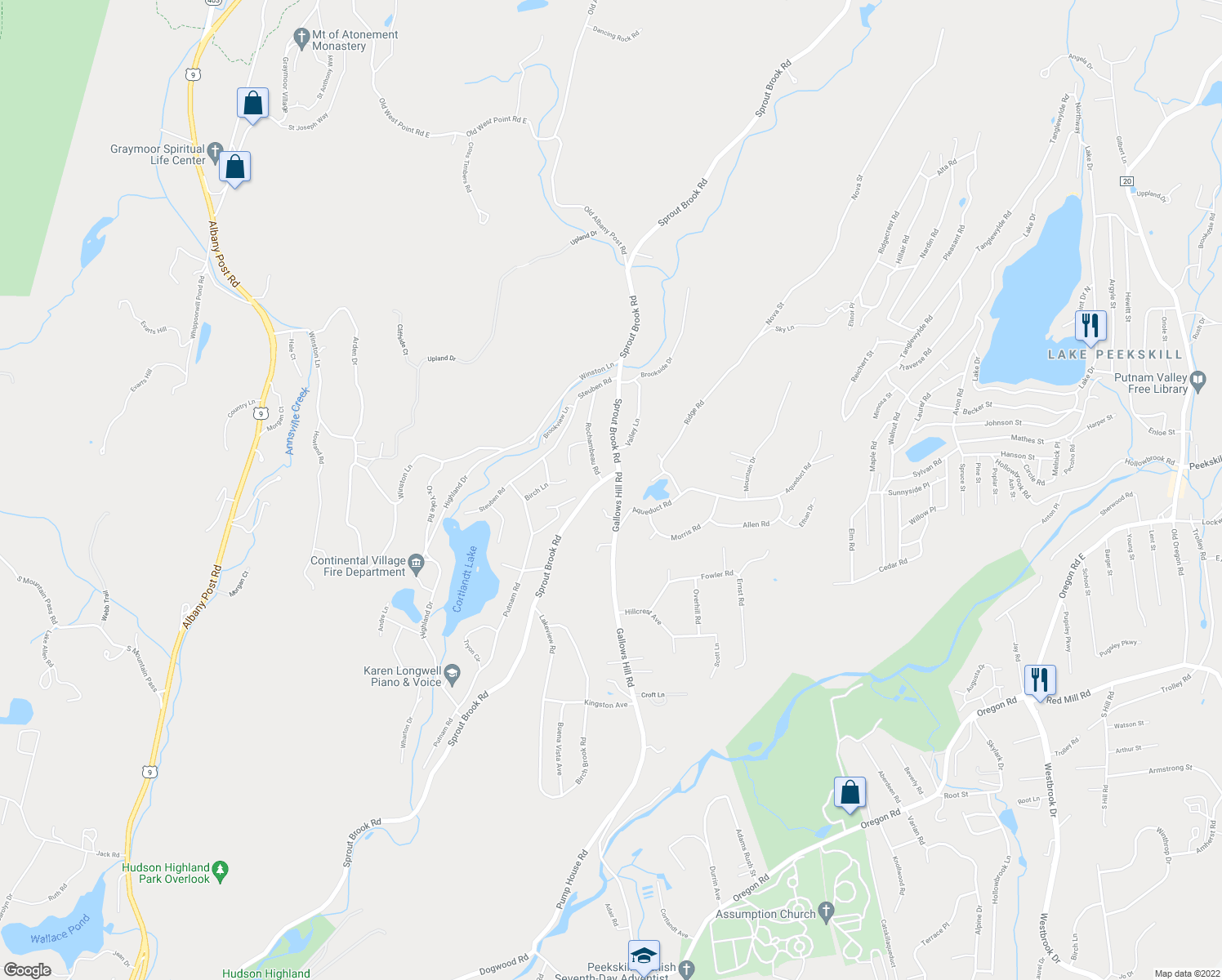 map of restaurants, bars, coffee shops, grocery stores, and more near 157 Gallows Hill Road in Philipstown