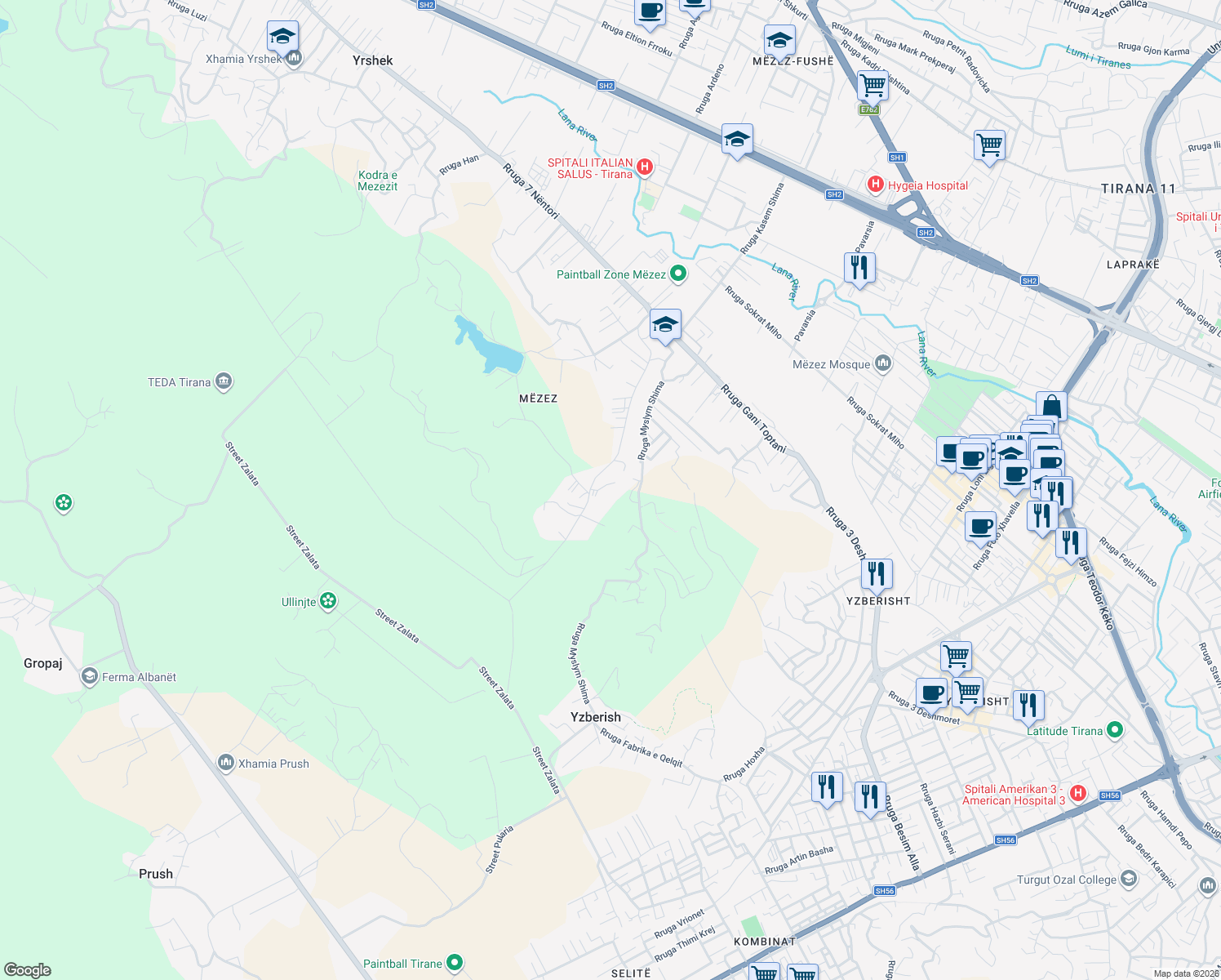 map of restaurants, bars, coffee shops, grocery stores, and more near 22 Rruga Abdyl Frasheri in Kashar