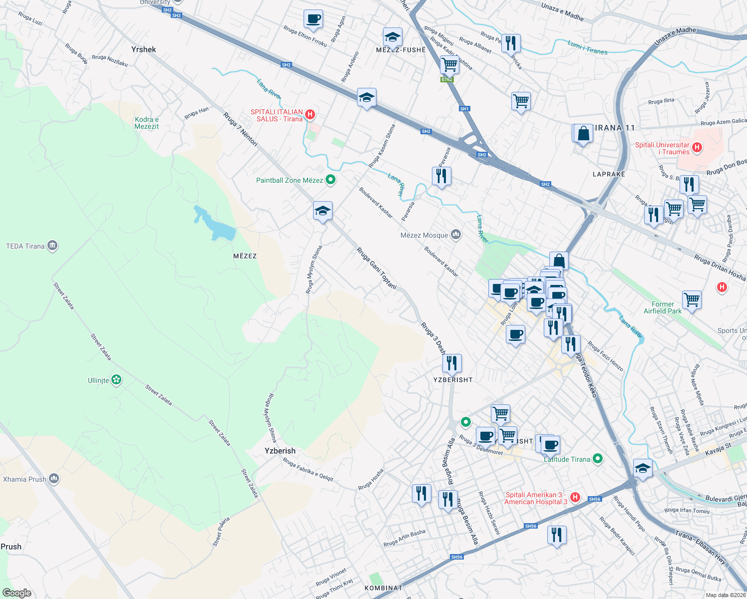 map of restaurants, bars, coffee shops, grocery stores, and more near 3 Rruga Gani Toptani in Tiranë