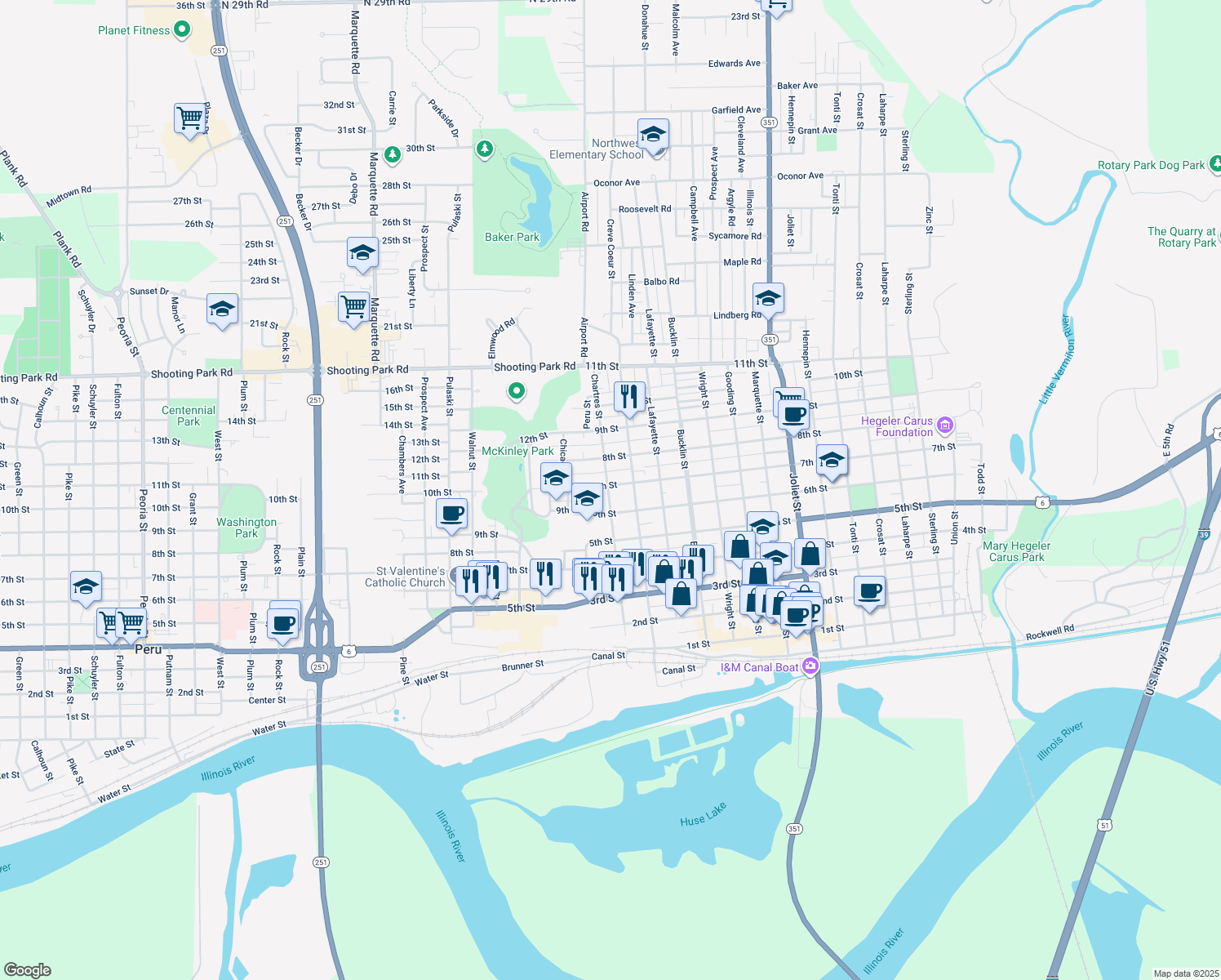map of restaurants, bars, coffee shops, grocery stores, and more near 104 7th Street in LaSalle