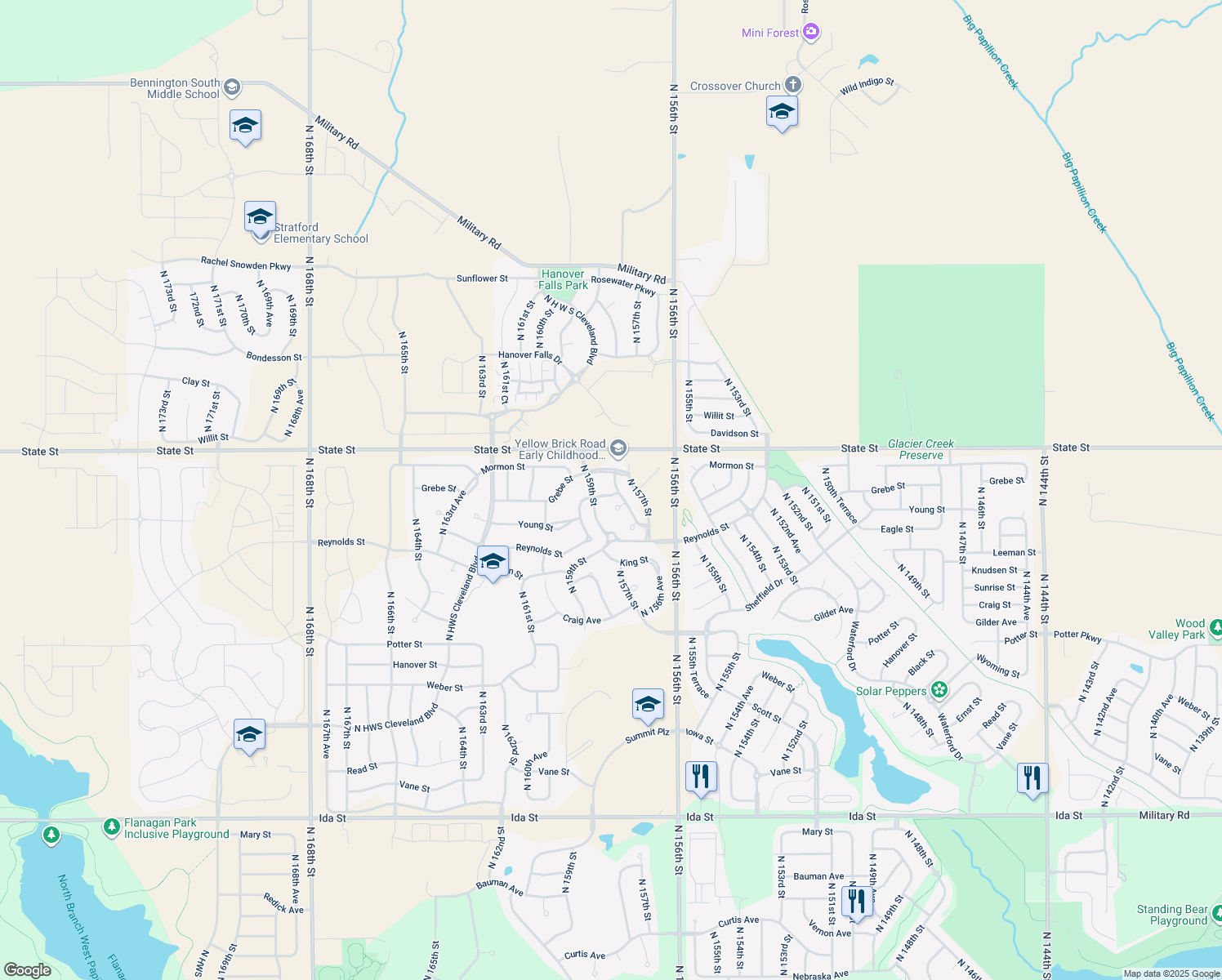 map of restaurants, bars, coffee shops, grocery stores, and more near 8152 North 158th Street in Bennington