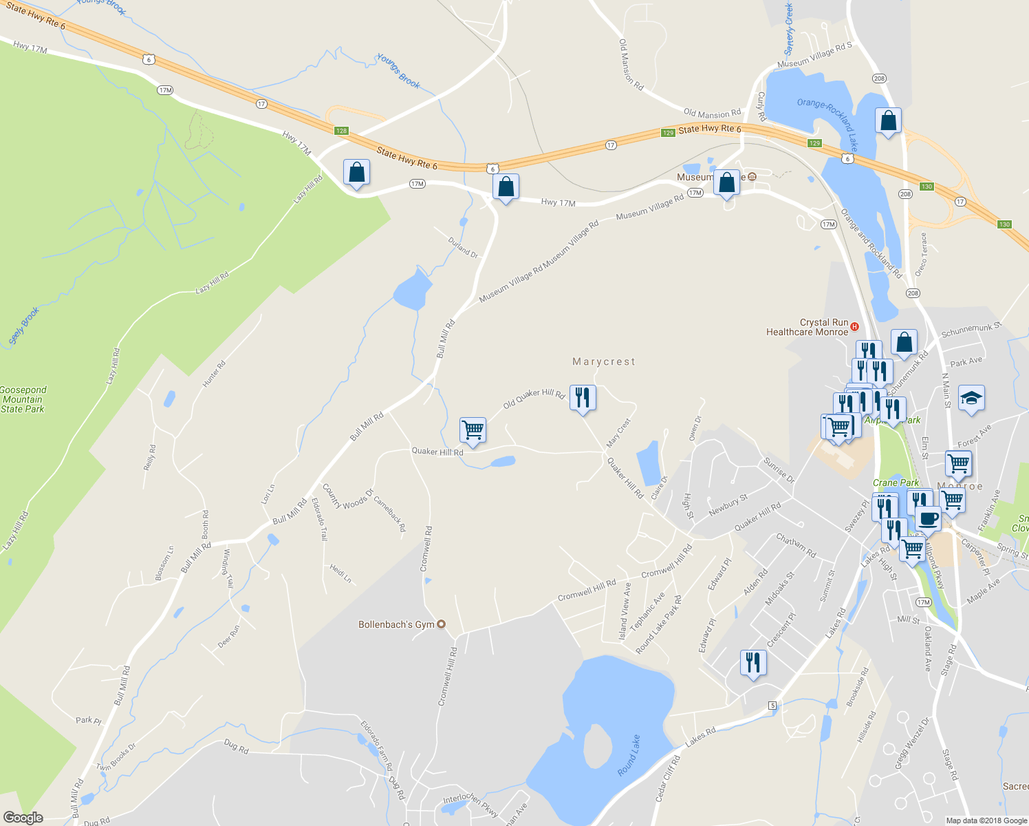 map of restaurants, bars, coffee shops, grocery stores, and more near 57 Old Quaker Hill Road in Monroe
