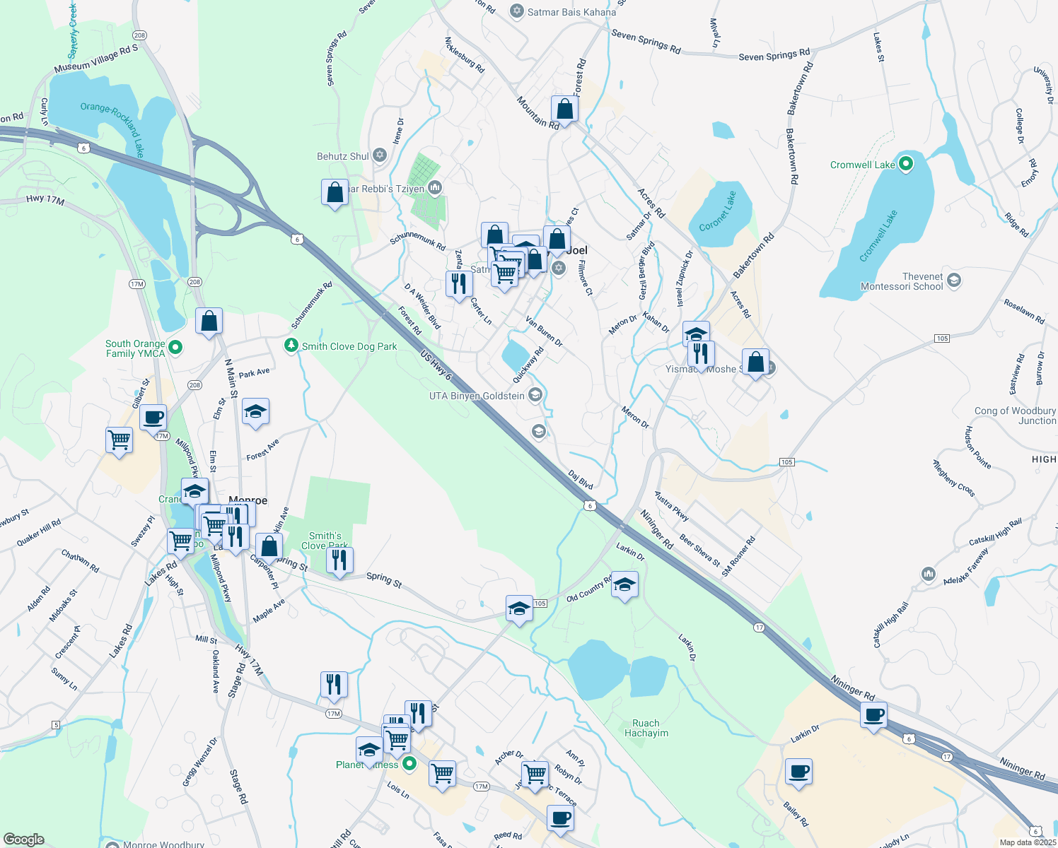map of restaurants, bars, coffee shops, grocery stores, and more near 7 Stropkov Court in Kiryas Joel