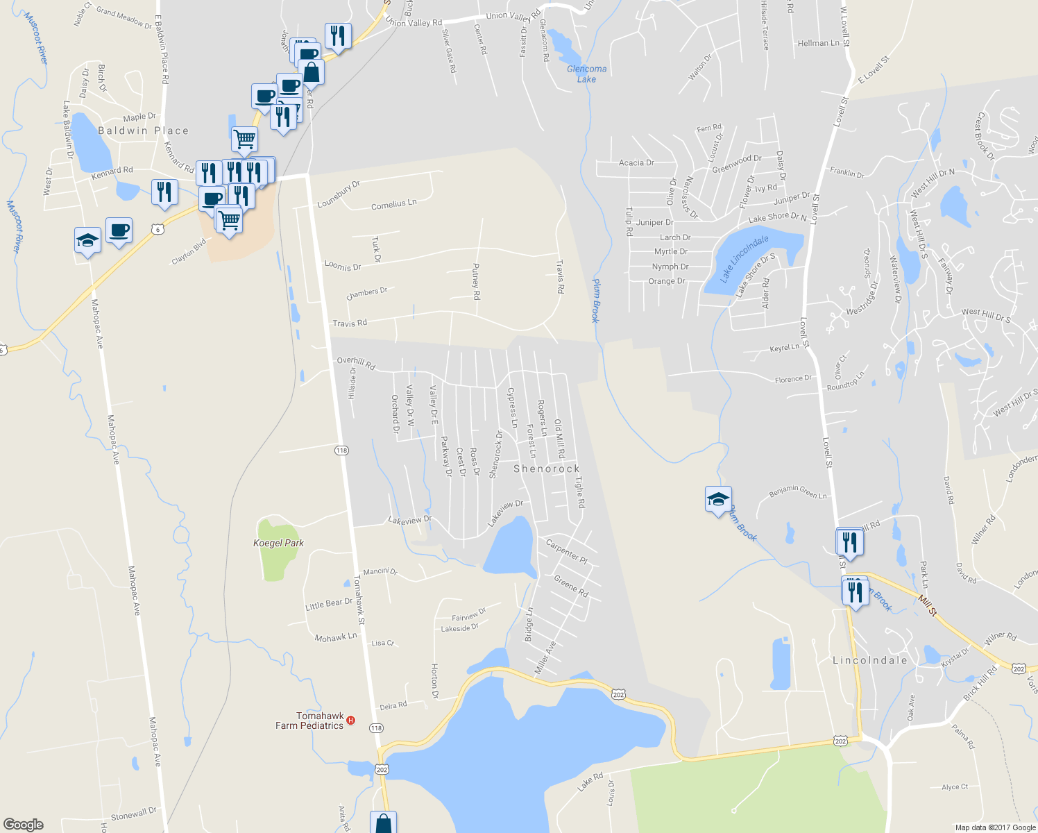 map of restaurants, bars, coffee shops, grocery stores, and more near 34 Cypress Lane in Yorktown Heights