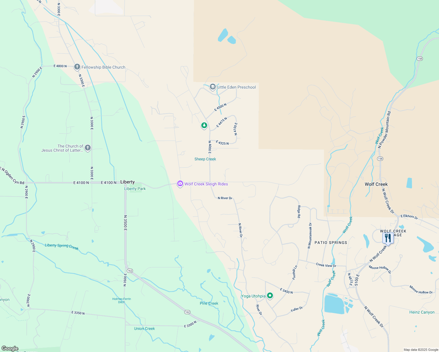 map of restaurants, bars, coffee shops, grocery stores, and more near 4066 East 4100 North in Liberty