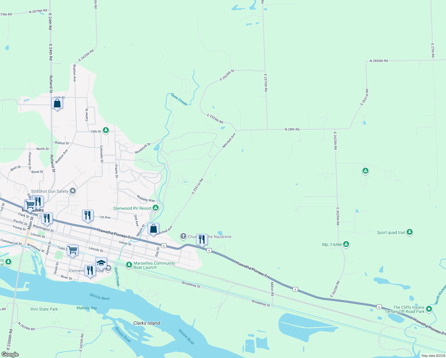 map of restaurants, bars, coffee shops, grocery stores, and more near 2768 East 2551st Road in Marseilles