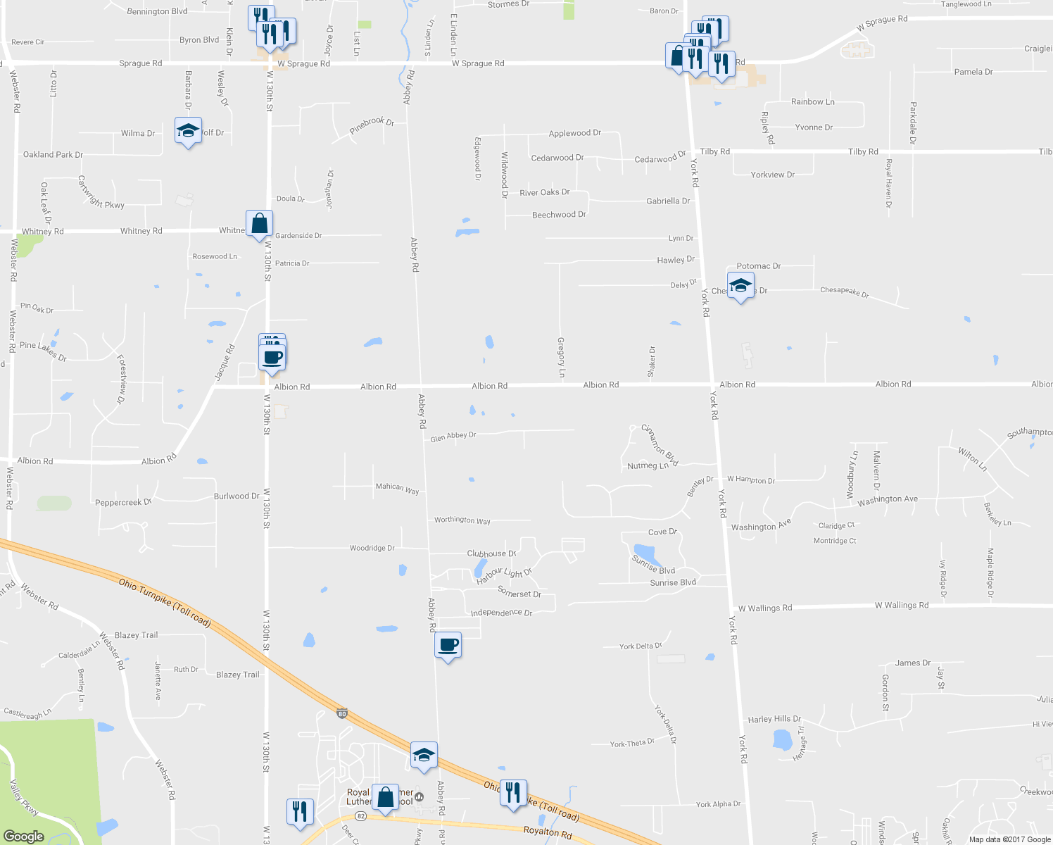 map of restaurants, bars, coffee shops, grocery stores, and more near 11048 Glen Abbey Drive in North Royalton