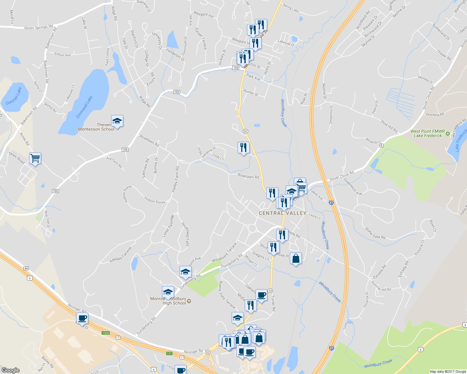 map of restaurants, bars, coffee shops, grocery stores, and more near 96 Edgewood Drive in Woodbury