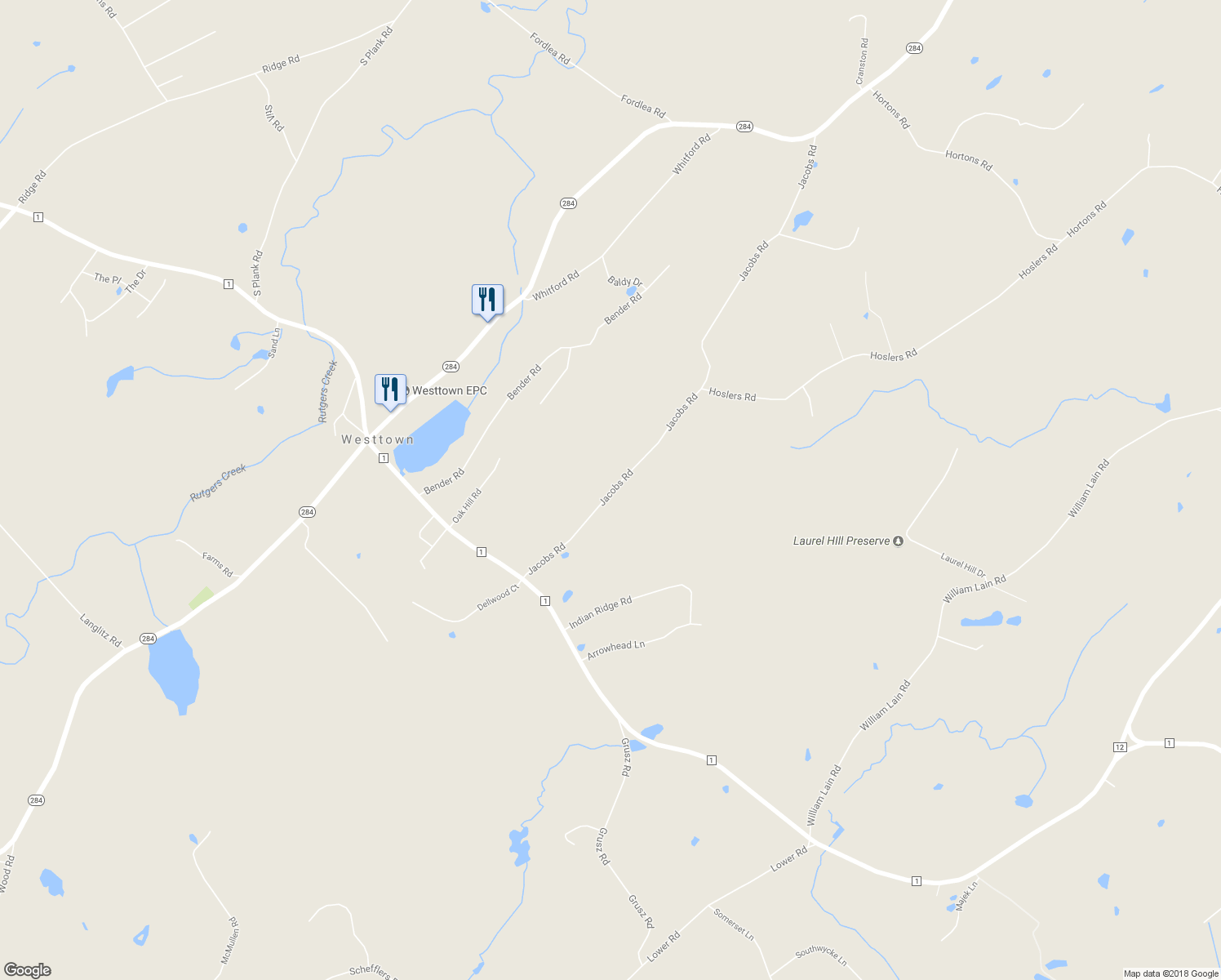 map of restaurants, bars, coffee shops, grocery stores, and more near 67 Jacobs Road in Westtown